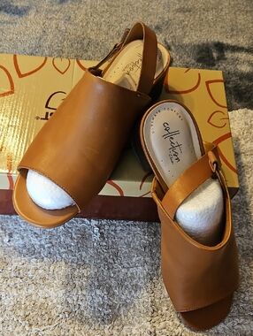 Clarks Tan Open-Toe Slingback Mules